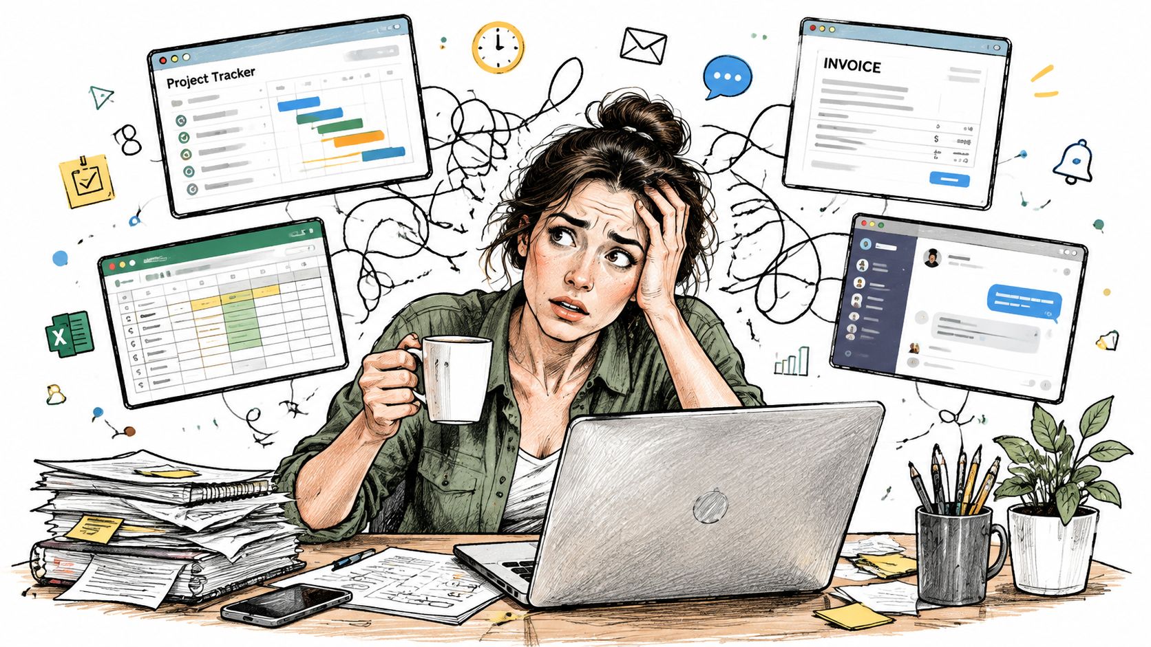 A stressed woman working at her desk surrounded by floating project management software windows and piles of paperwork.