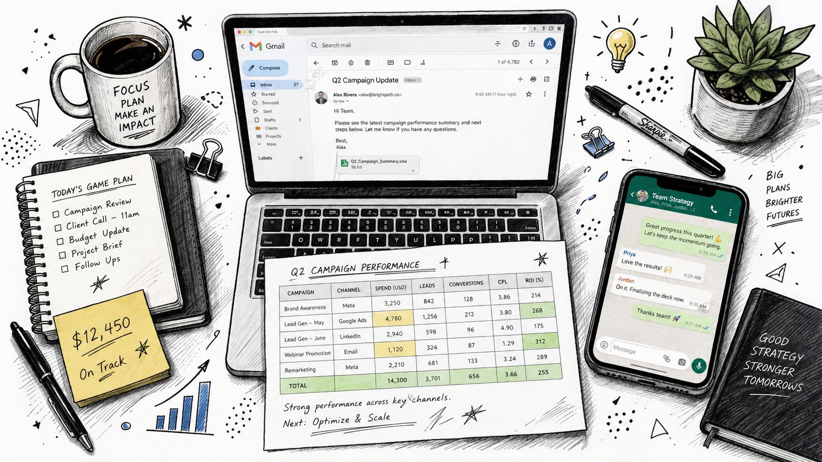 A professional desk workspace featuring a laptop, smartphone, financial performance data, and organized task lists.