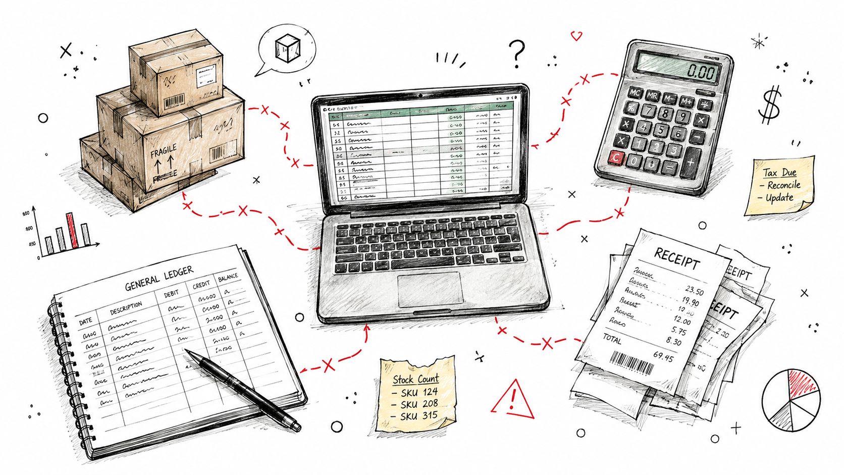 A hand-drawn illustration depicting supply chain traceability with inventory, accounting, and financial documents connected to a laptop.