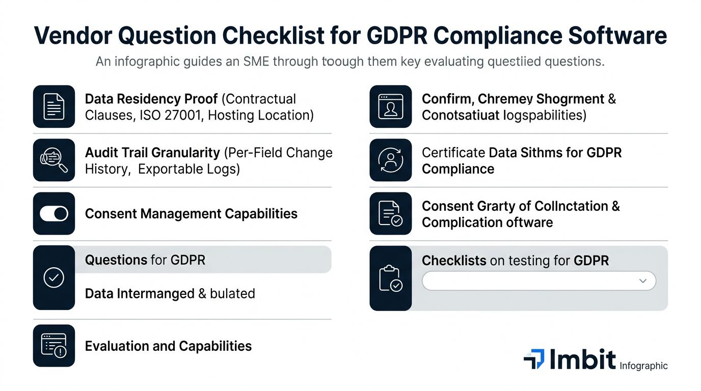 An infographic titled Vendor Question Checklist for GDPR Compliance Software listing key evaluating questions for SMEs.
