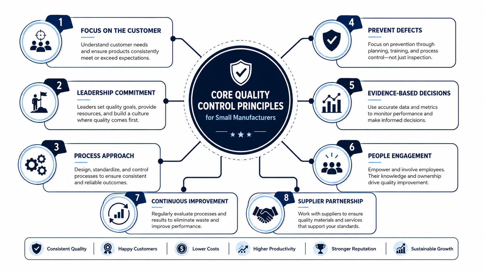 A diagram illustrating eight core quality control principles designed for small manufacturers to improve operations.