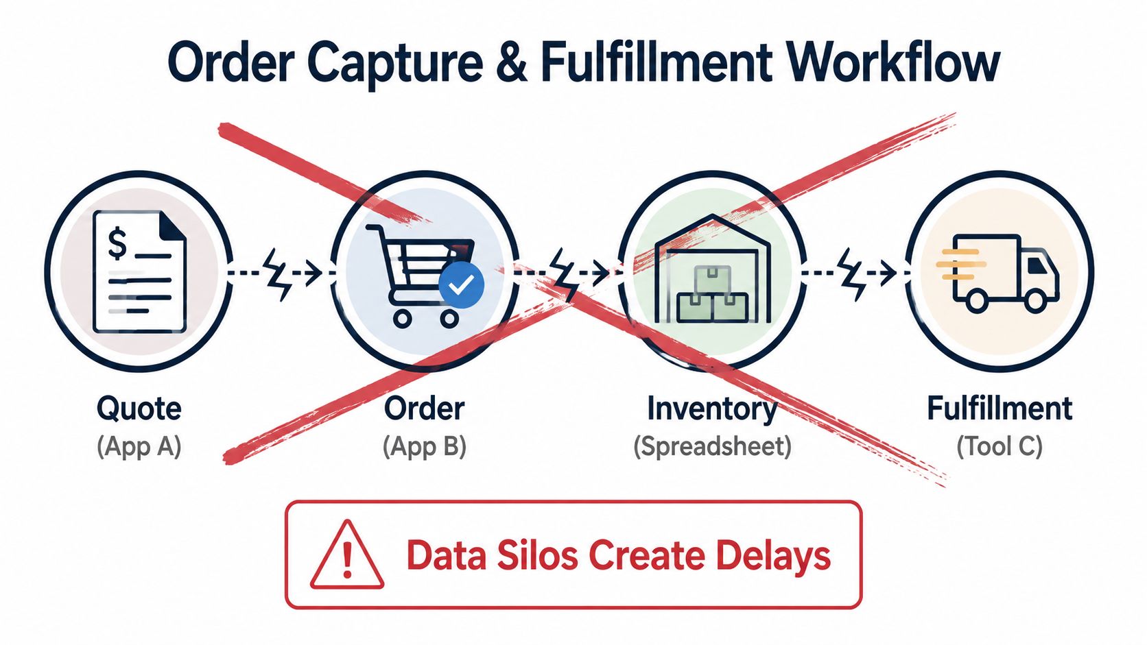 A diagram illustrating a fragmented order fulfillment process showing how data silos cause operational delays.