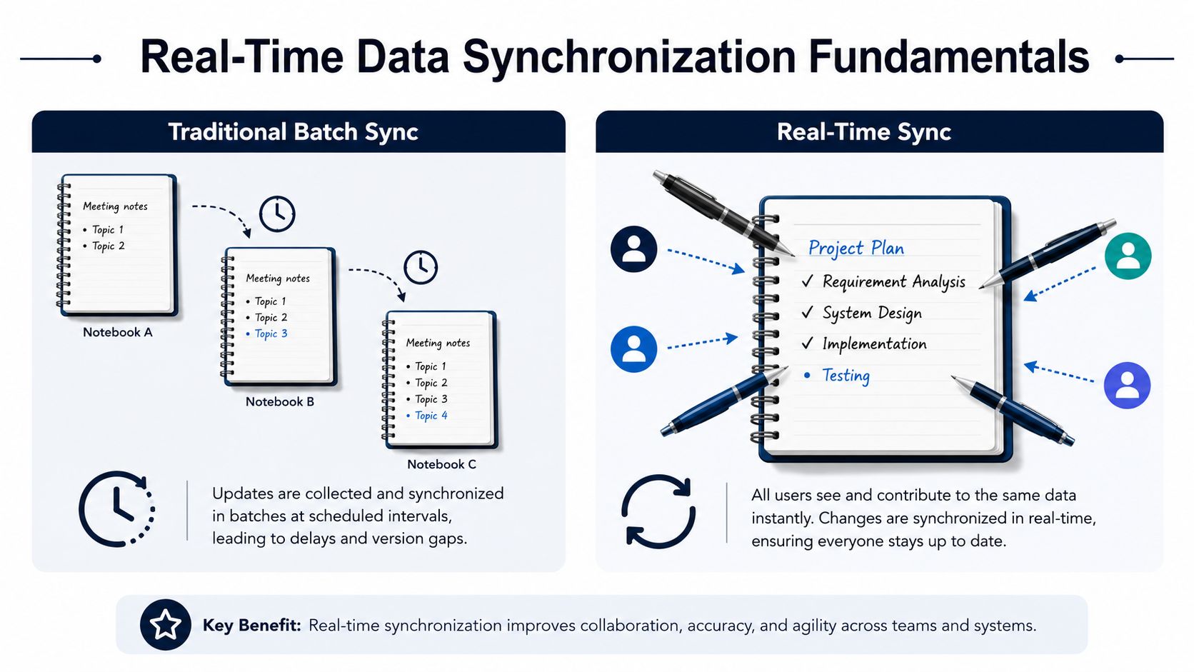 A comparison chart illustrating the differences between traditional batch data synchronization and modern real-time data synchronization methods.
