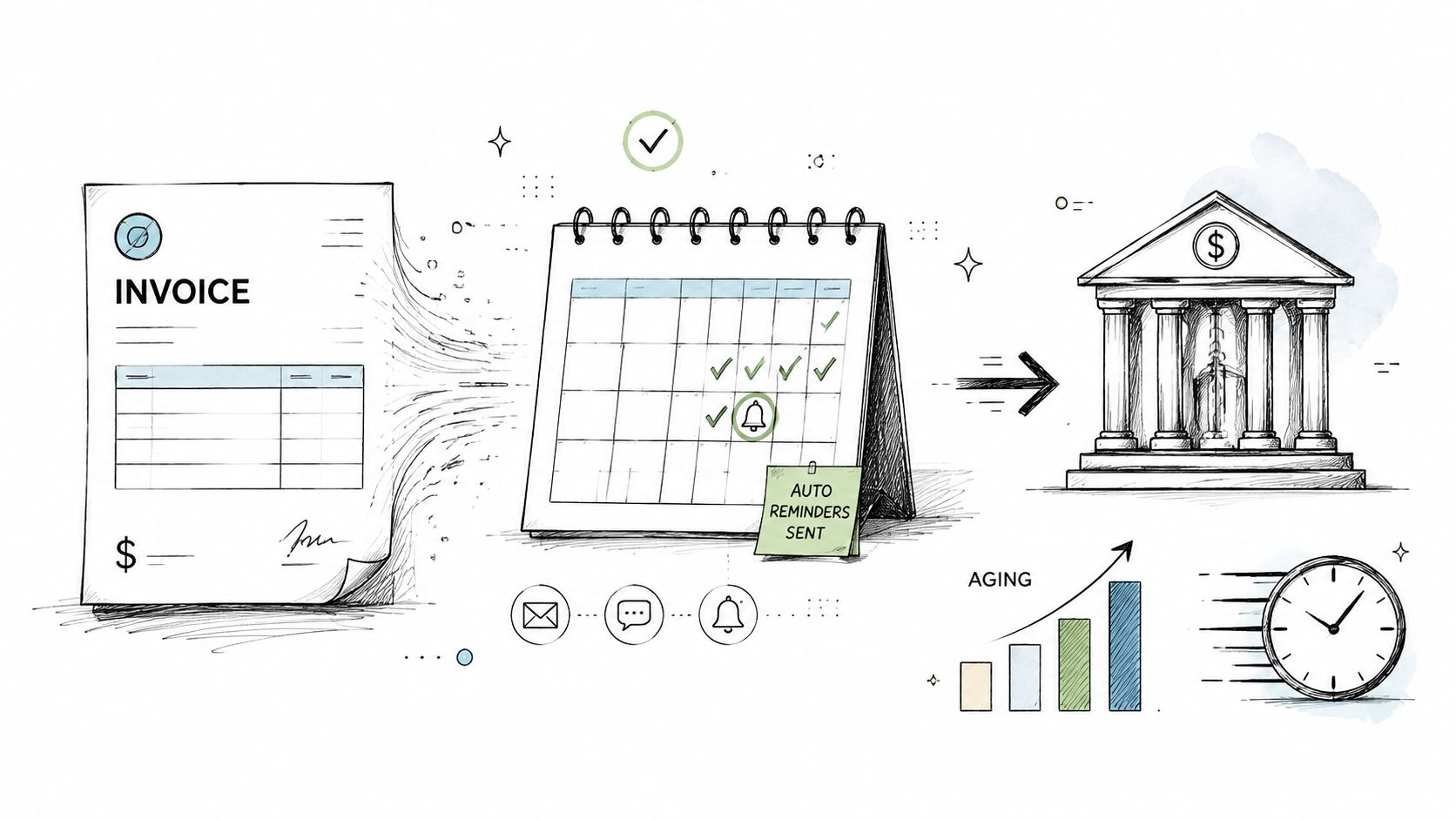 A conceptual illustration of the automated invoice processing workflow leading to bank payment and aging reports.