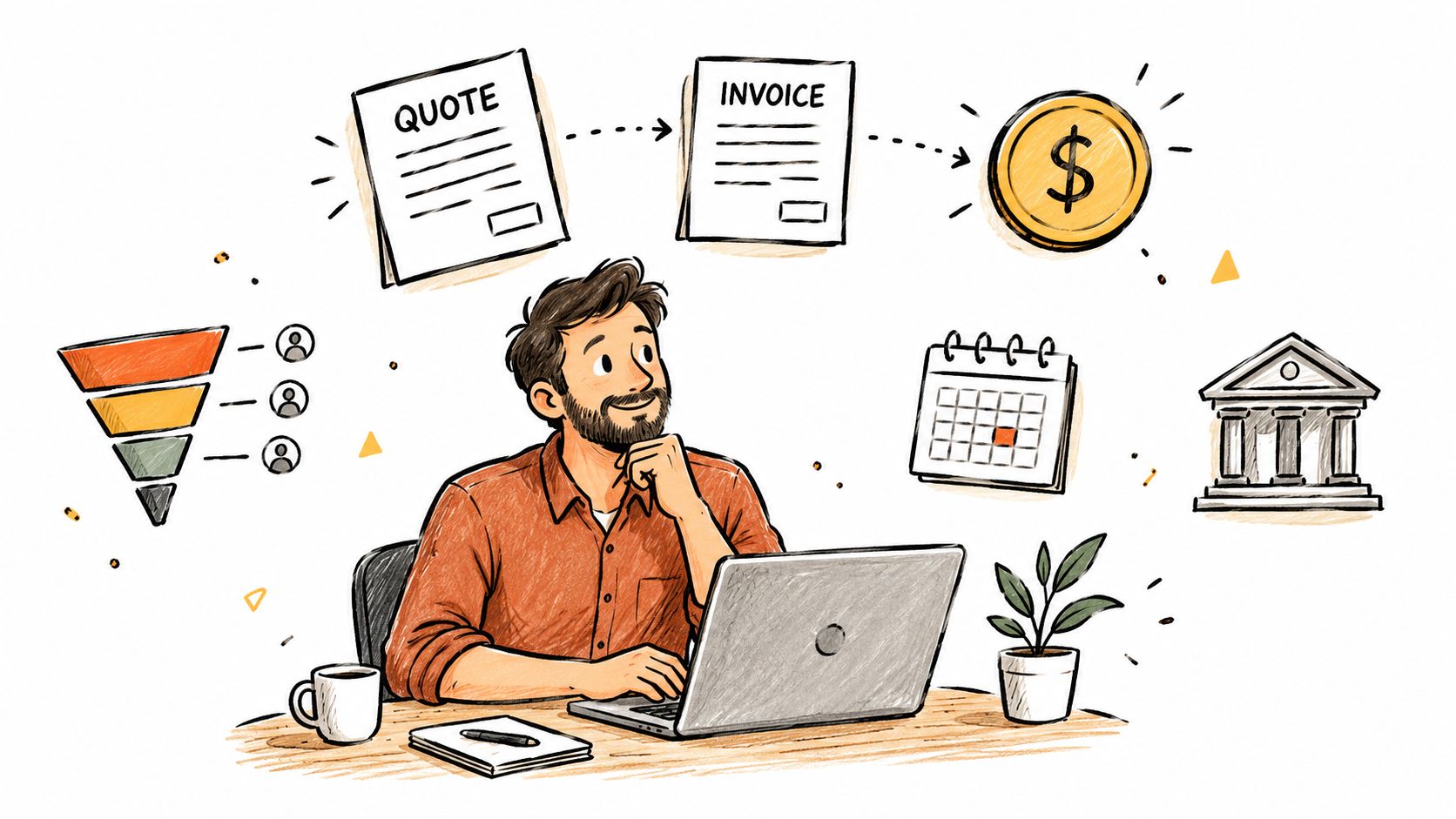 A man working on his laptop with digital icons representing quotes, invoices, payments, and business processes.