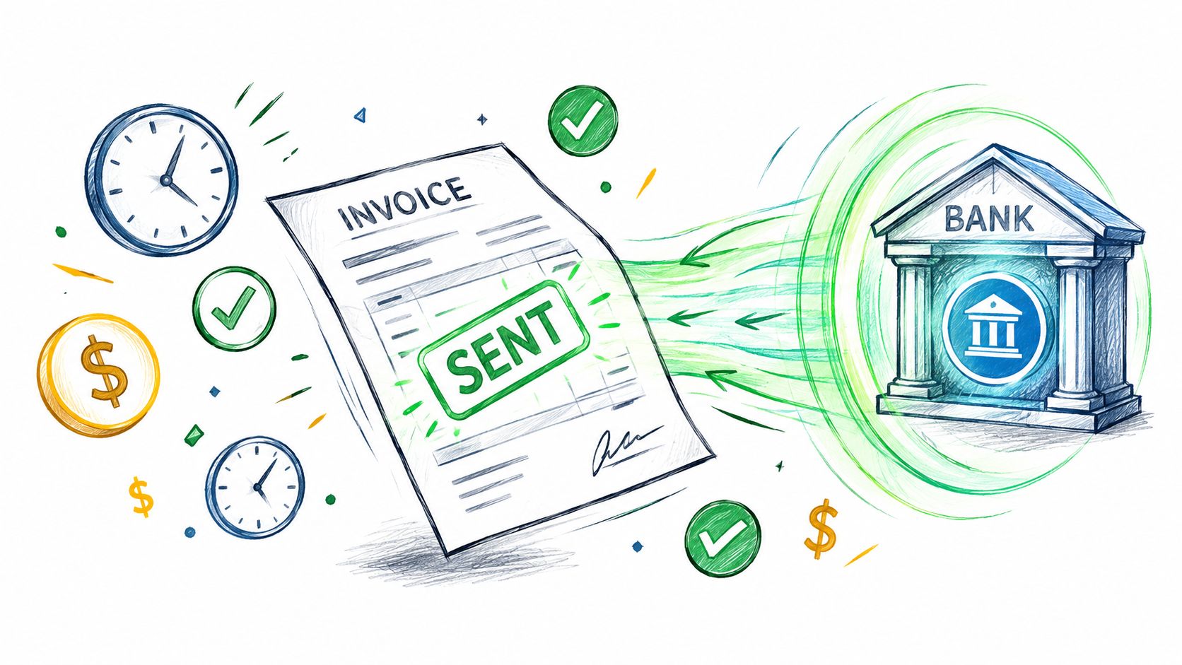 A digital illustration showing an invoice being sent electronically to a bank building, representing automated financial transactions.