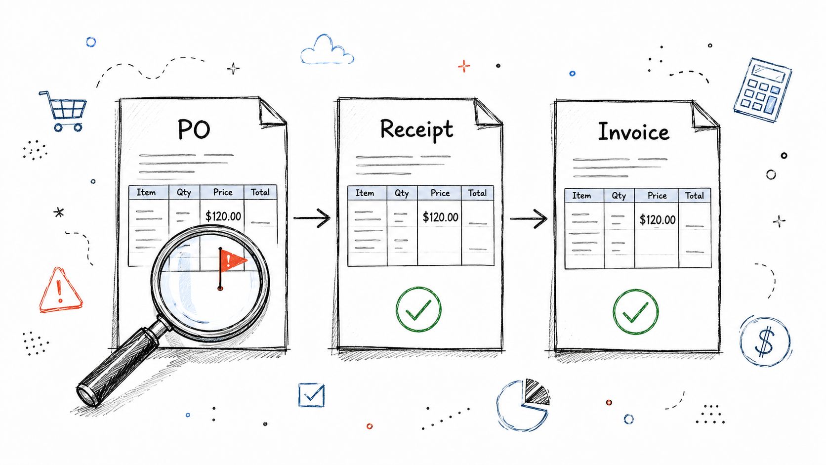 A hand-drawn illustration showing the three-way matching process between a purchase order, receipt, and invoice.