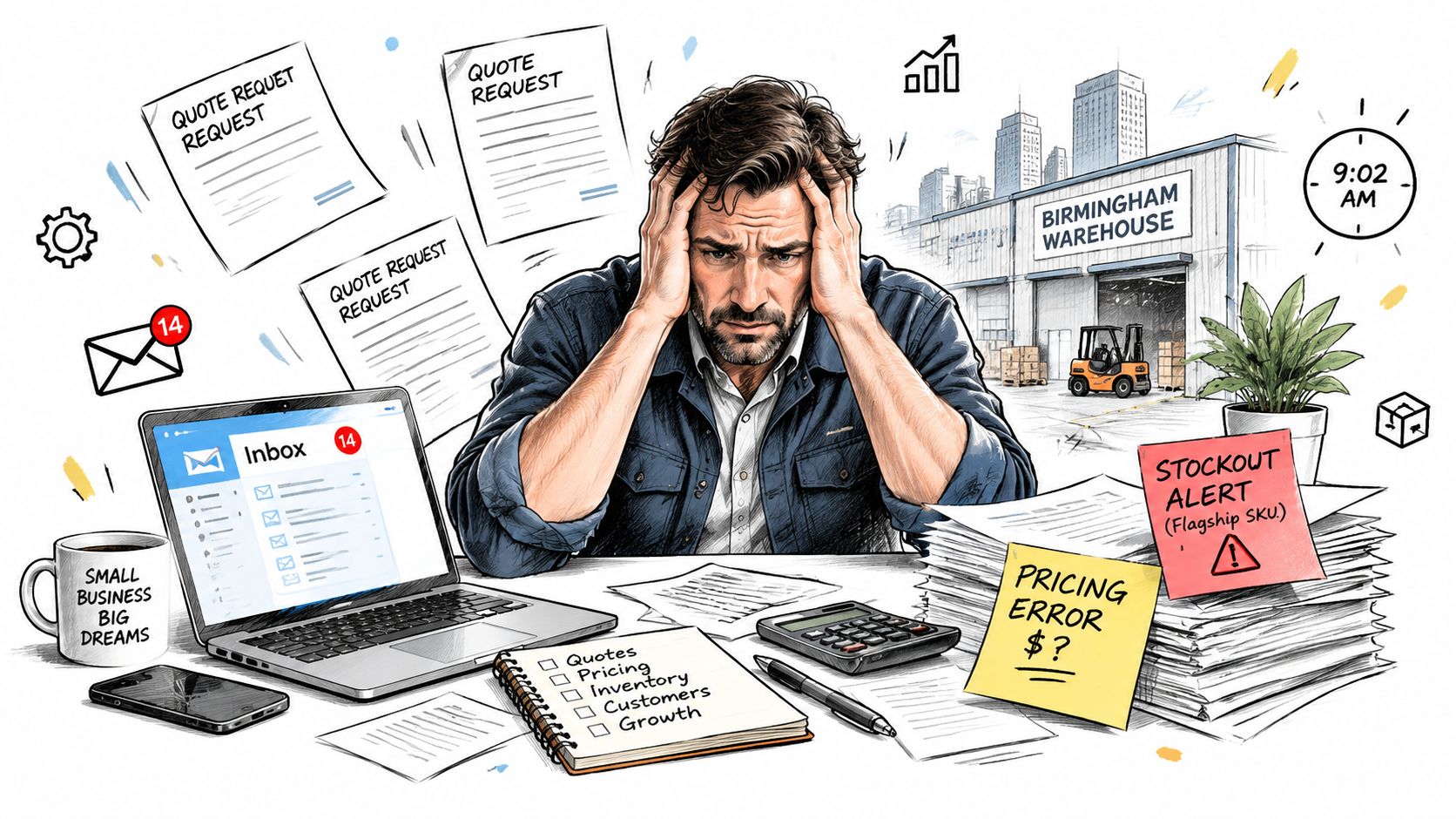 A stressed business owner overwhelmed with paperwork, inventory alerts, and emails at a cluttered office desk.