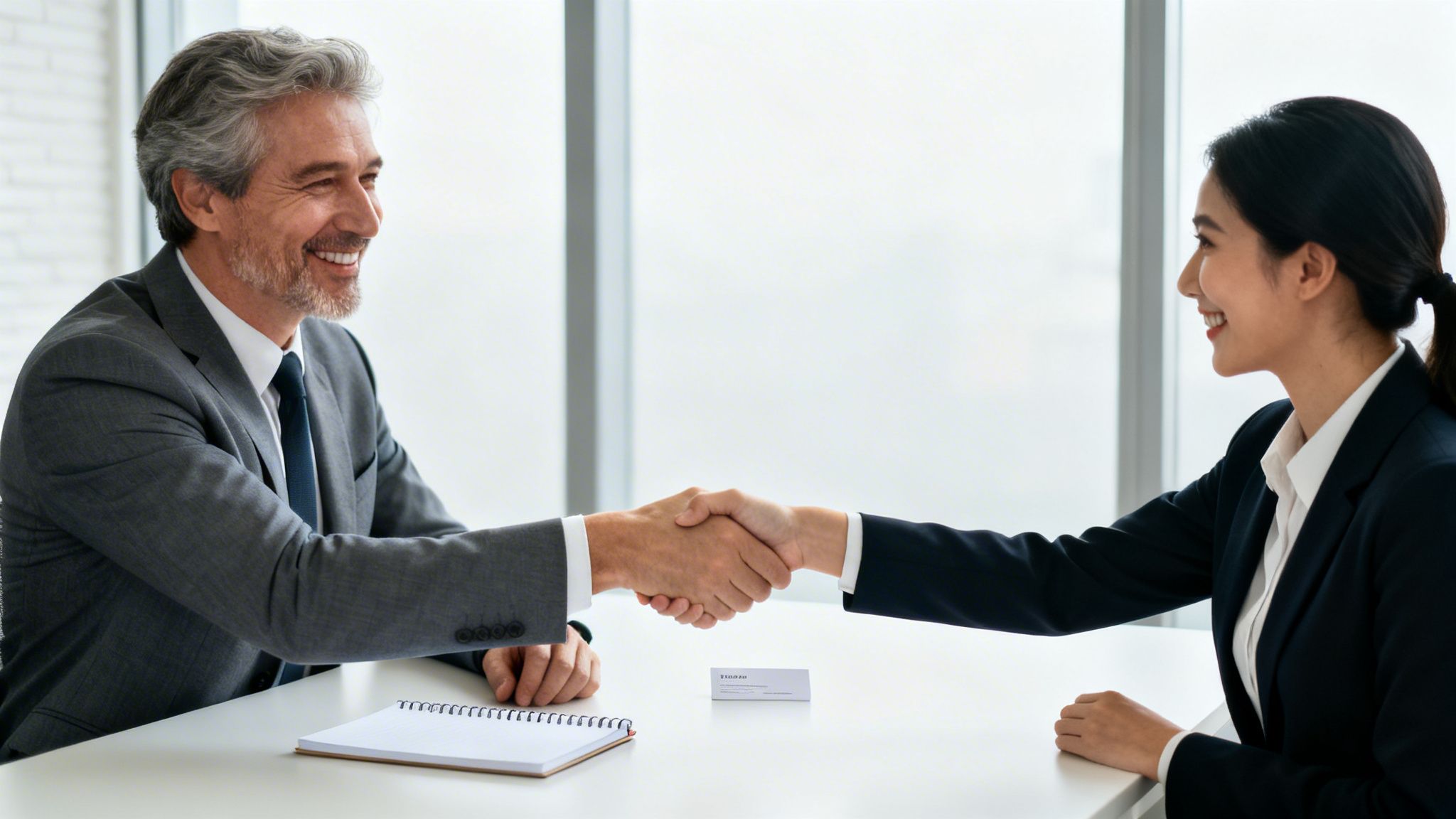 Two smiling business professionals shaking hands at a table, symbolizing a successful agreement.