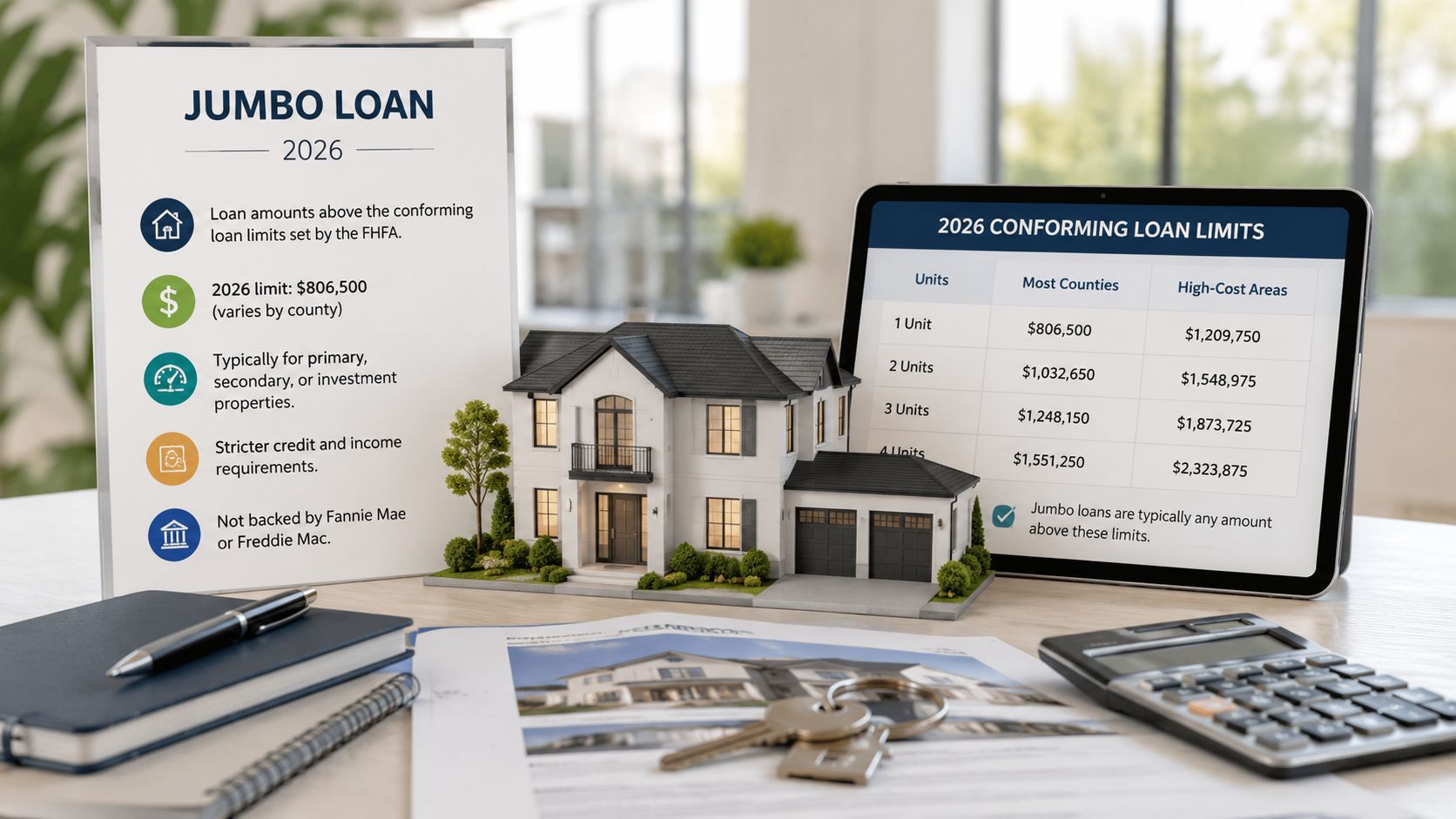 Informational display about 2026 jumbo and conforming loan limits with a house model on a desk.
