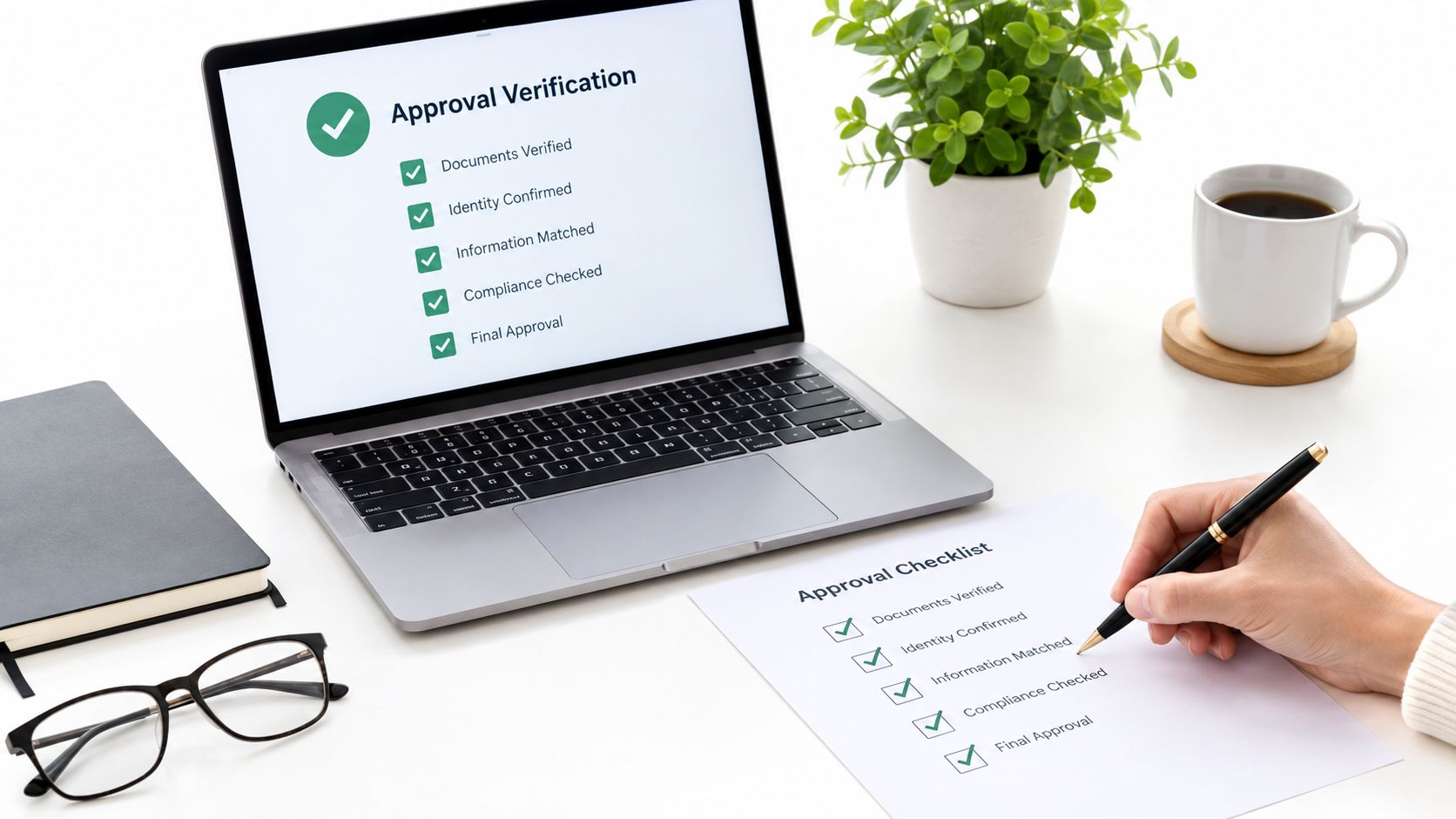 A professional desk setup with a laptop showing an approval checklist and a person reviewing paperwork.