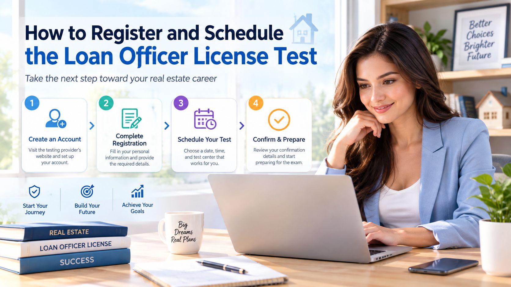 A woman working on a laptop with a guide on how to register for a loan officer license test.