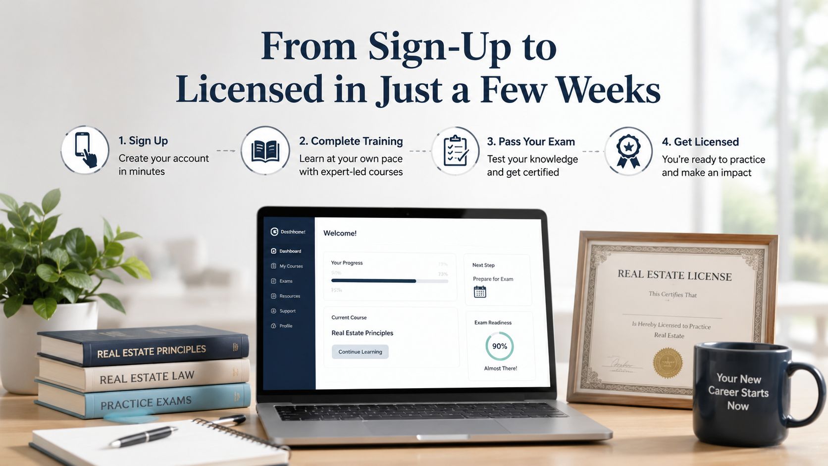 A laptop showing an online real estate exam prep course, license certificate, and study materials on a desk.