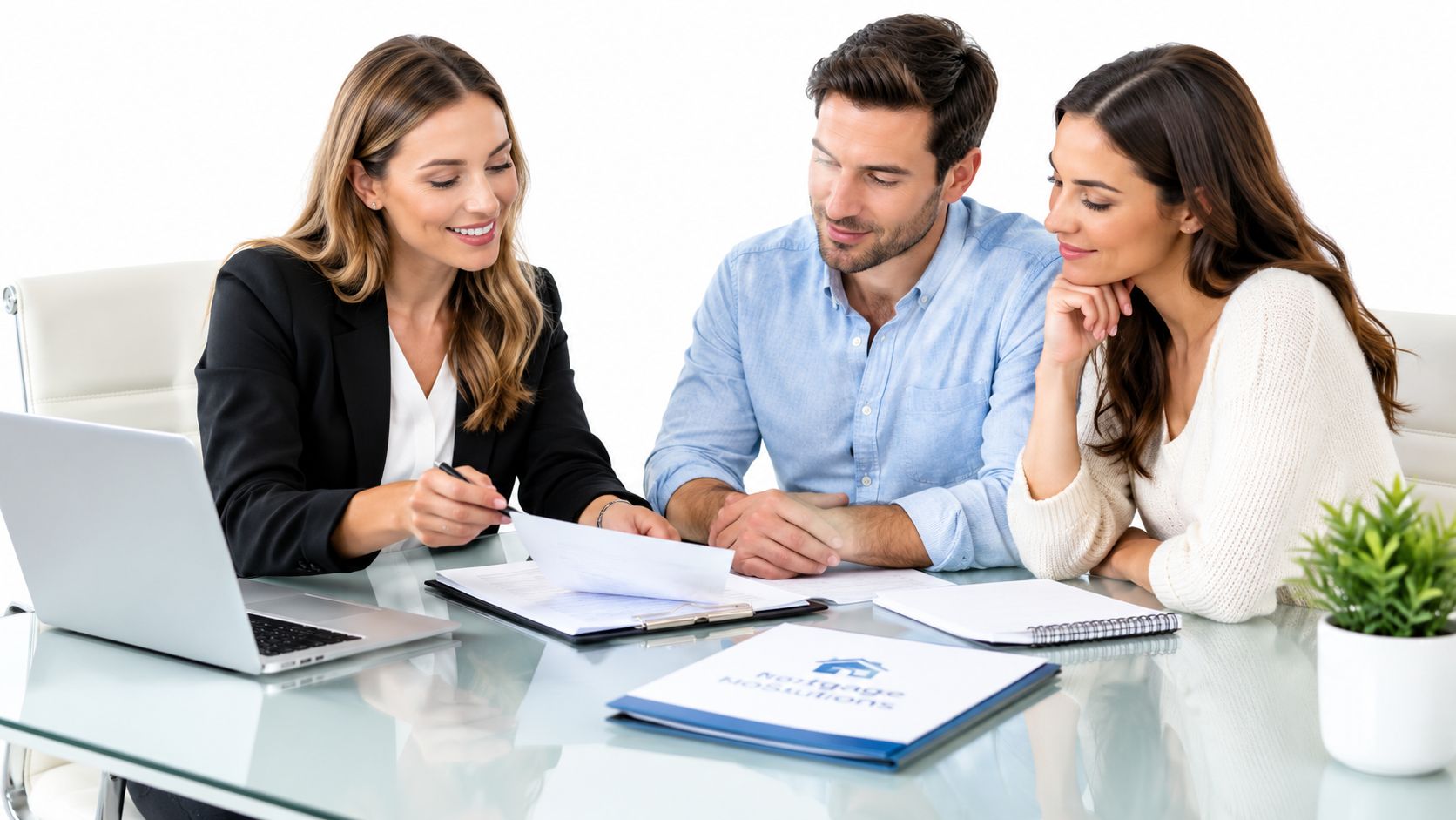 A professional mortgage loan officer consulting with a happy couple about their new home loan documents.