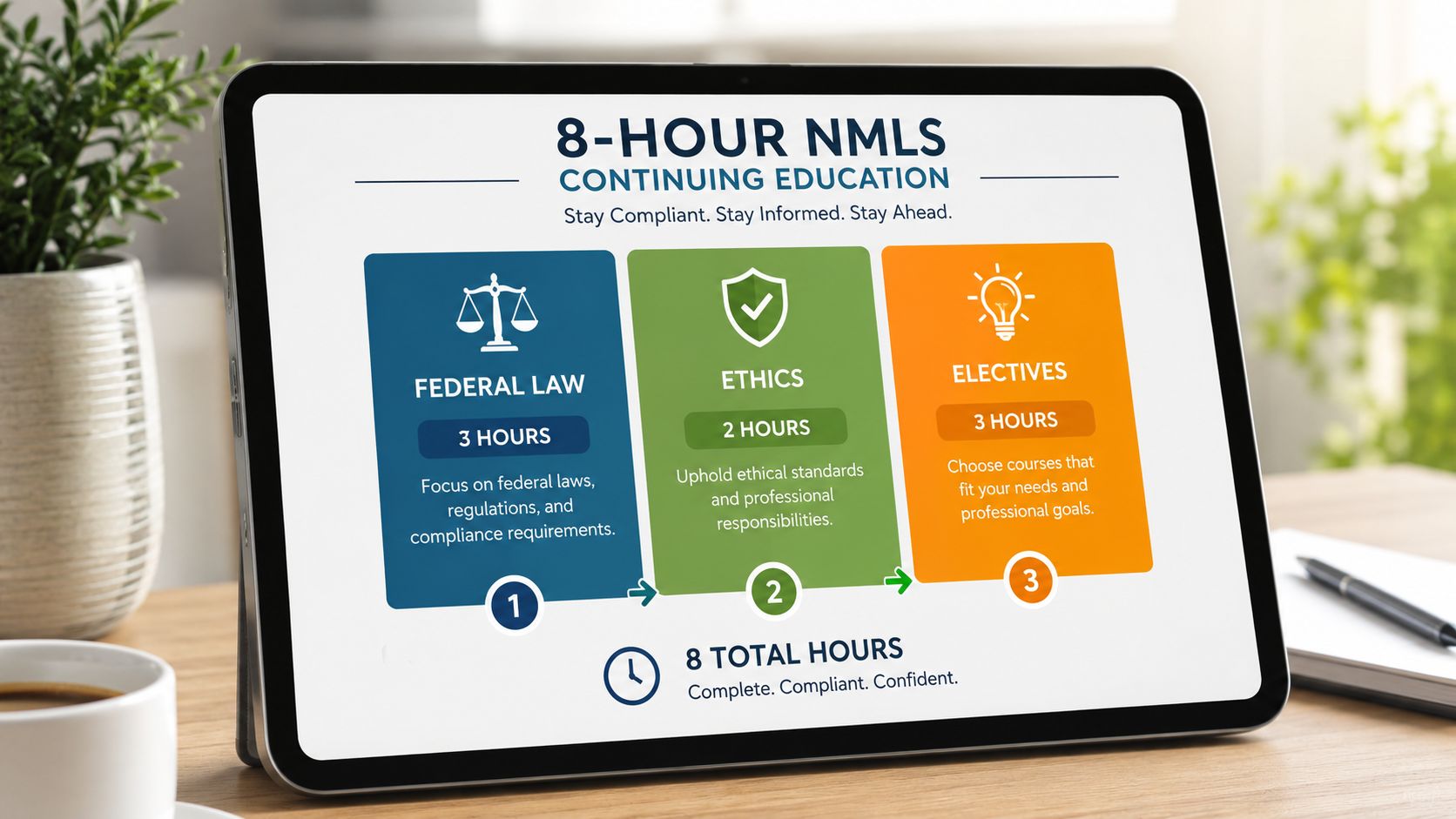 A digital tablet displaying an 8-hour NMLS continuing education breakdown of federal law, ethics, and elective coursework.