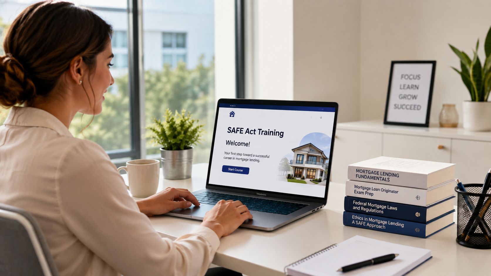 A woman working on a laptop while taking an online SAFE Act training course for mortgage lending.