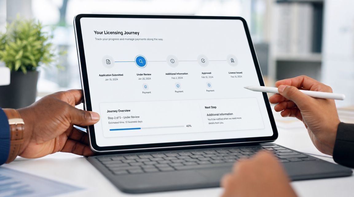 Two business professionals review a digital licensing progress tracker on a tablet screen in an office.