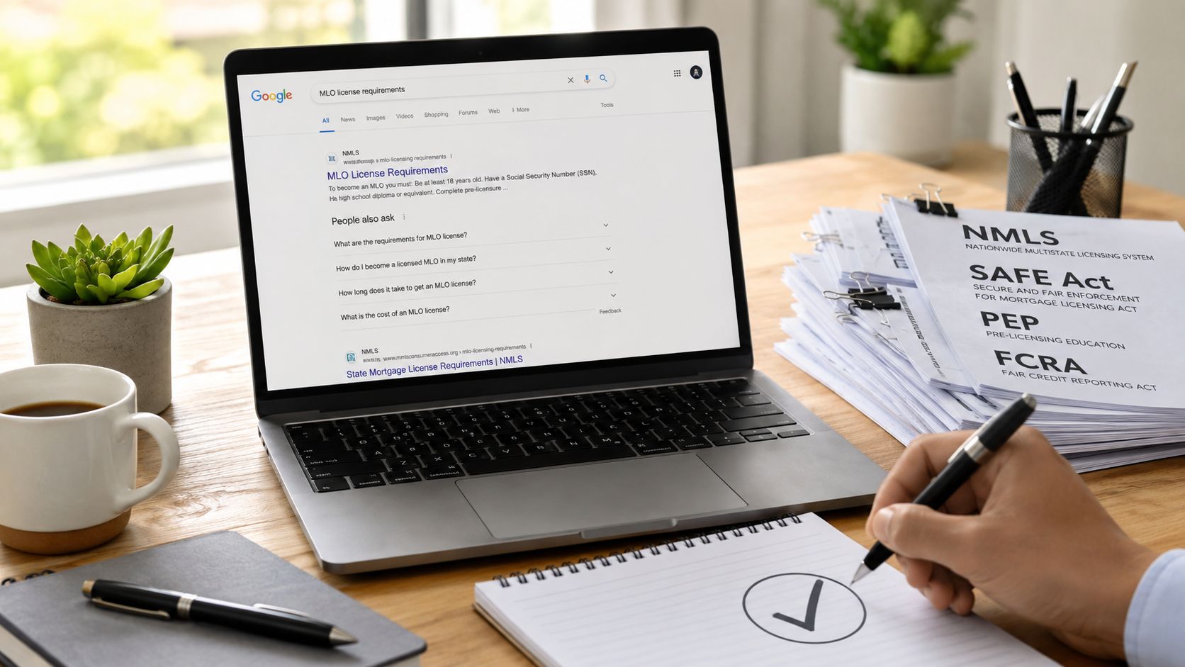 A person writing on a notepad near a laptop displaying NMLS mortgage loan originator license requirements.