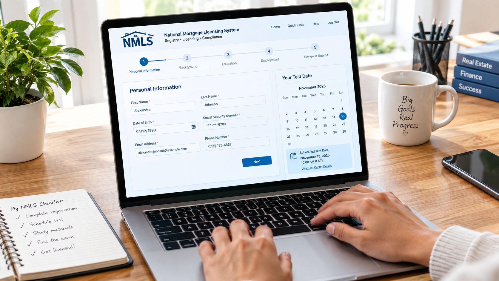 A person using a laptop to register for a professional mortgage loan officer license exam online.