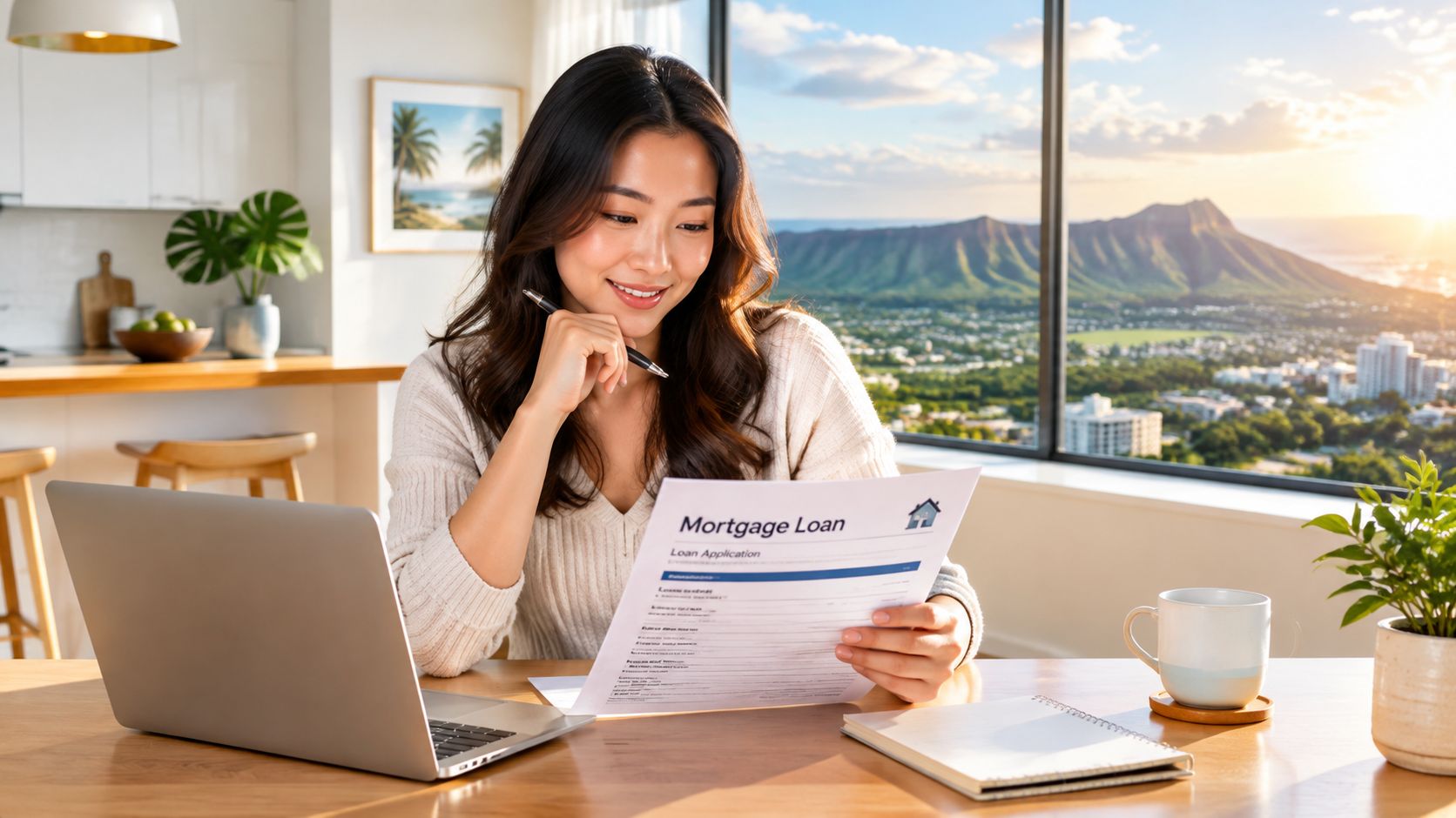 A woman reviewing mortgage loan application documents in a bright home office overlooking Diamond Head, Honolulu.