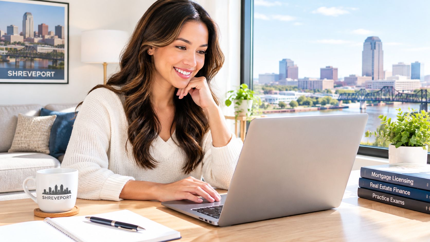 A woman smiling while studying for her mortgage licensing and real estate finance exams online in Shreveport.