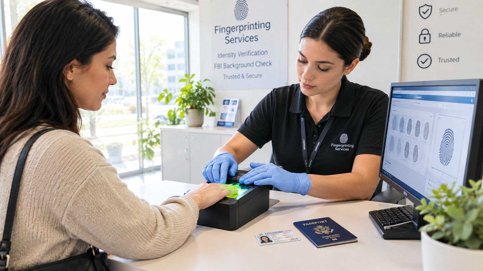 A professional technician wearing blue gloves takes fingerprints from a woman at a modern office service counter.