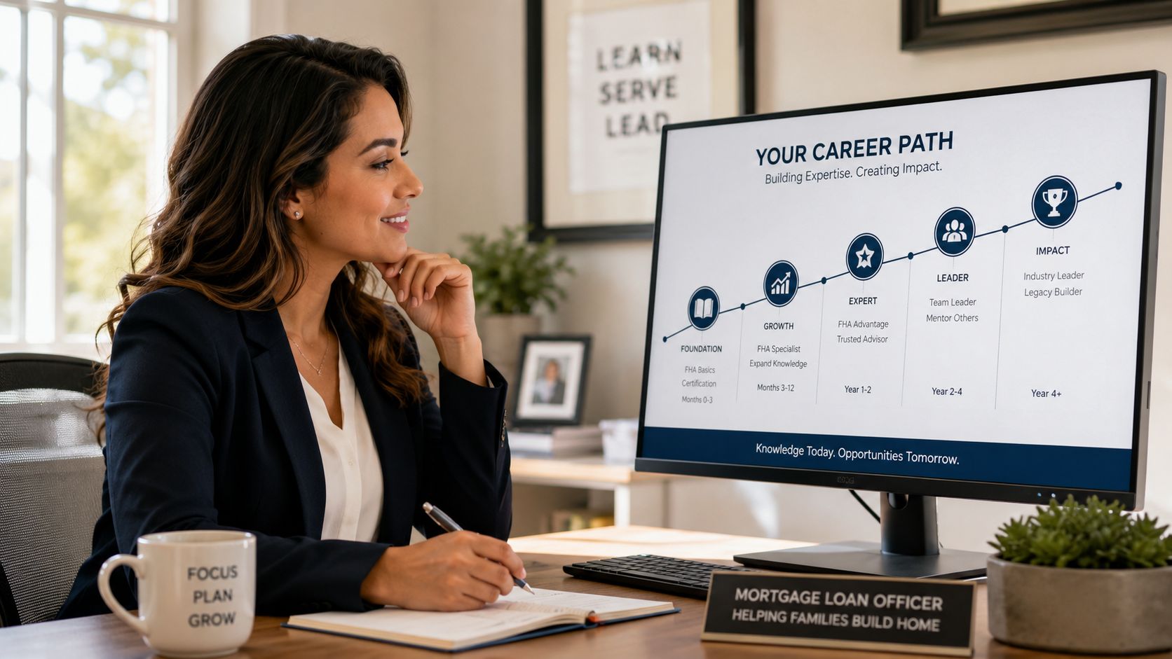 A professional woman reviews a career path chart for mortgage loan officers on her computer screen.