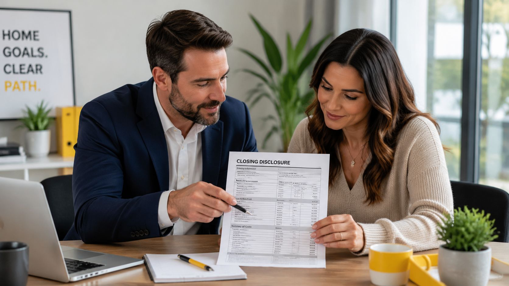 A professional financial advisor points to a closing disclosure document while explaining details to a client.