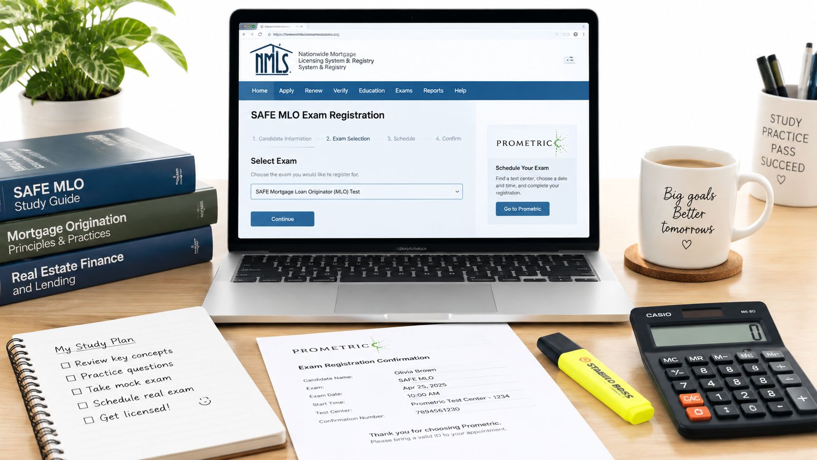 A study desk featuring a laptop showing NMLS exam registration, textbooks, a notebook, and calculator.