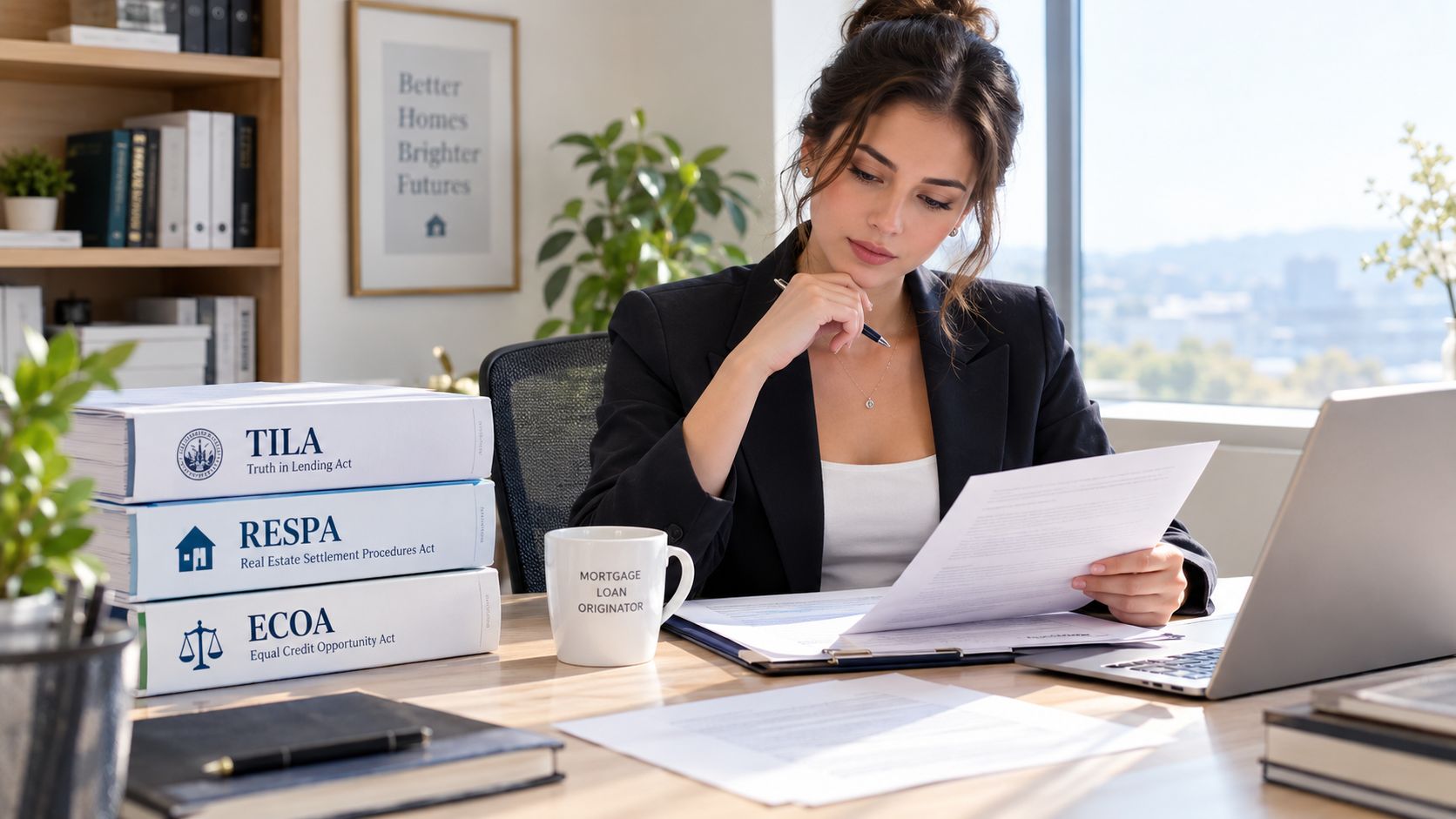 A professional mortgage loan originator sitting at her desk, reviewing legal documents with compliance binders nearby.