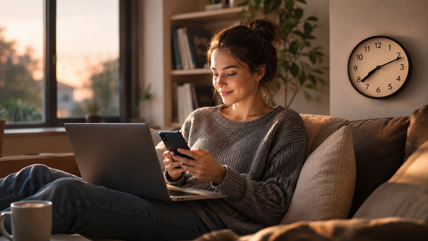 A young woman smiling while using her smartphone and laptop comfortably on a sofa at home.