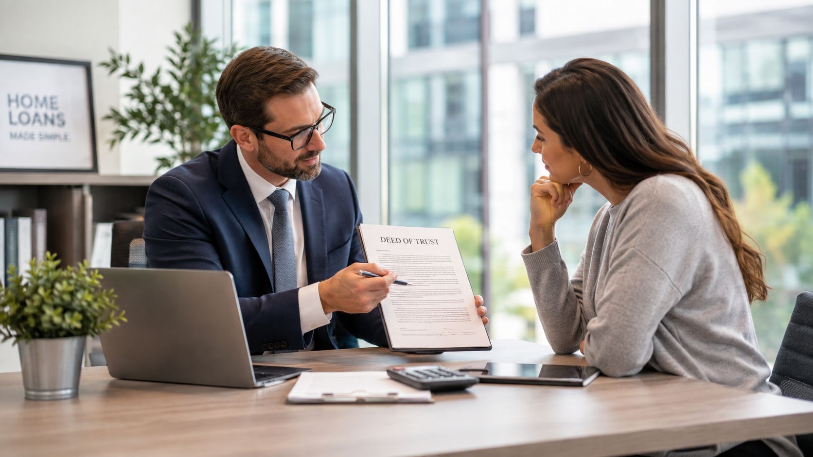 A professional financial advisor explains a Deed of Trust document to a female client in an office.