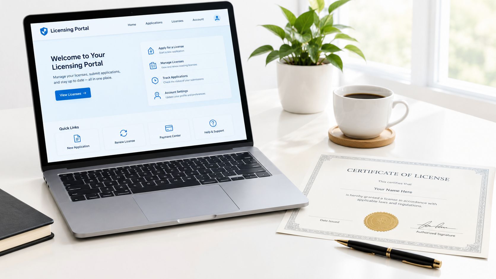 A laptop showing a digital licensing portal next to a printed certificate of license and a pen.