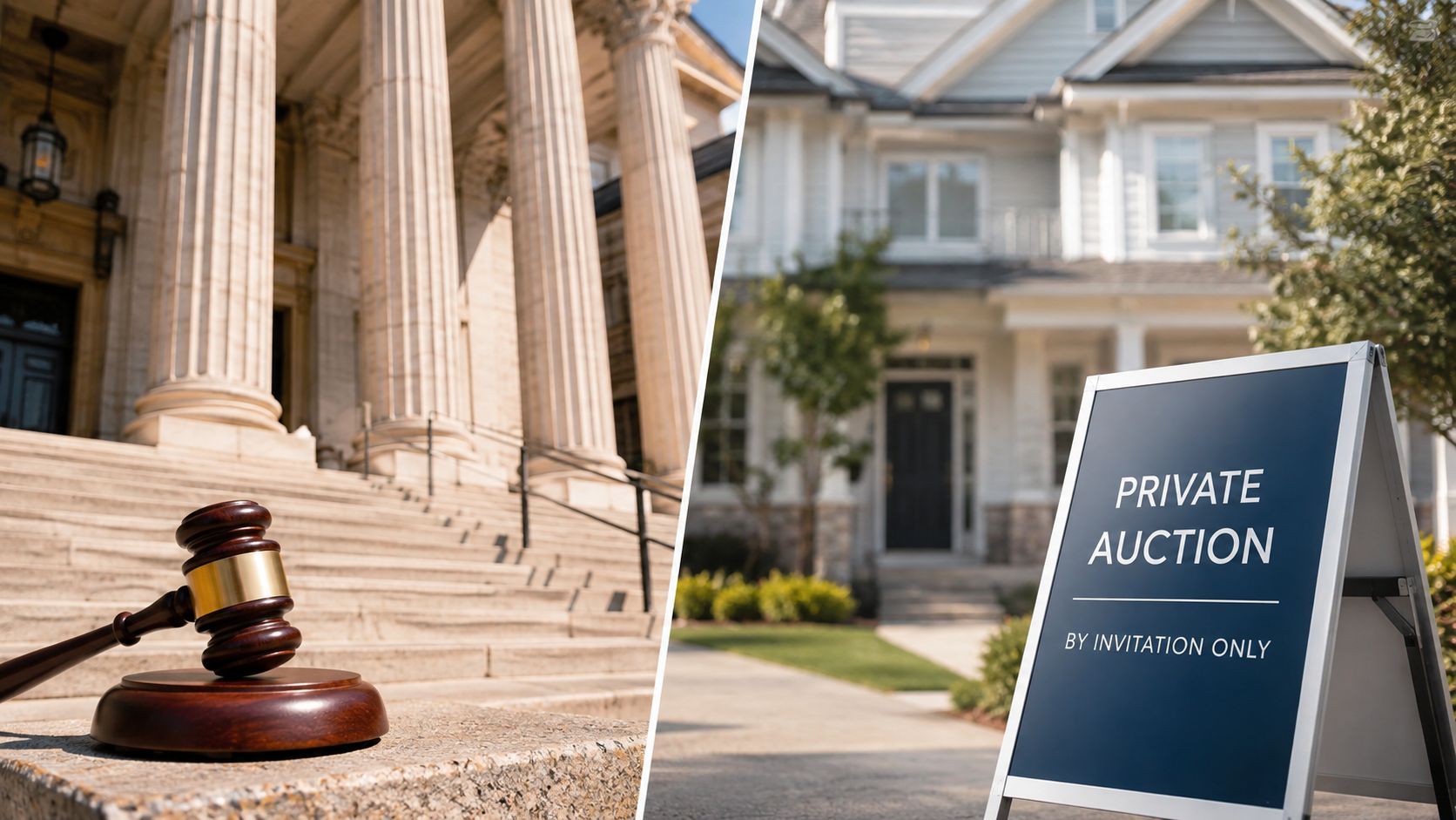 A split image showing a wooden gavel in front of a courthouse and a private auction sign.