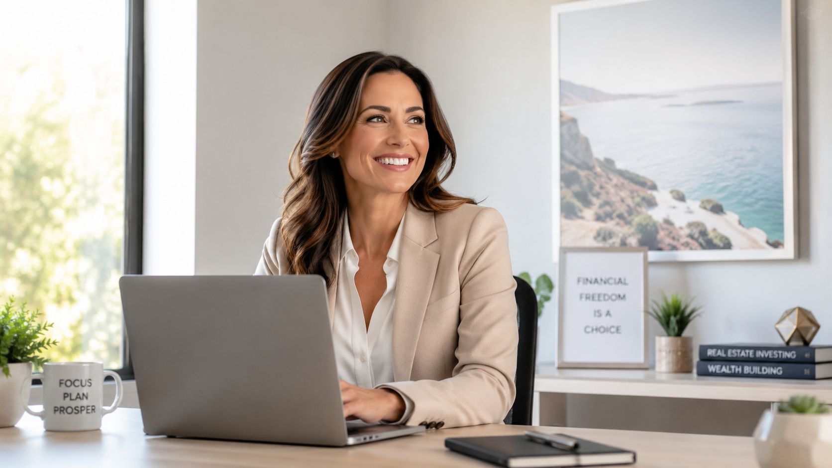 A professional woman smiling while working on her laptop in a bright and modern office setting.