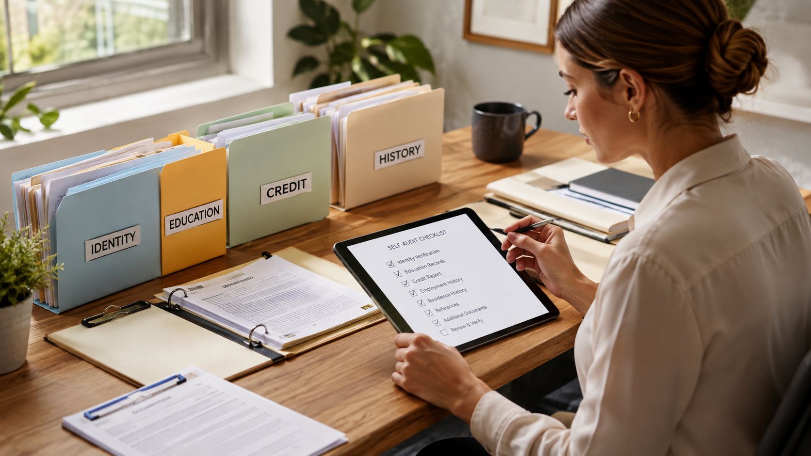 A professional woman checking off a self-audit checklist on a digital tablet at her organized desk.
