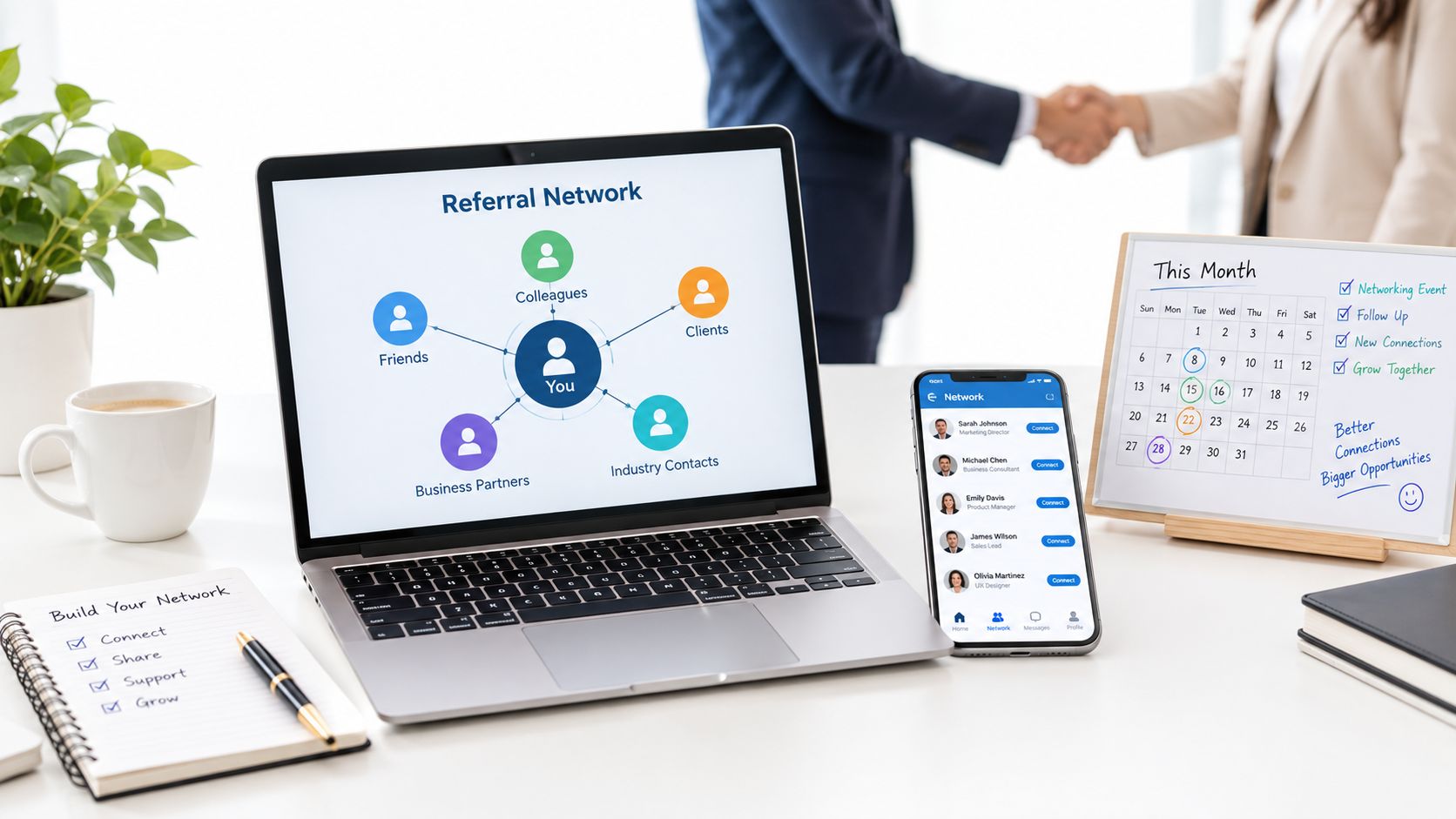 A professional desk workspace featuring a laptop, smartphone, and planner highlighting networking and business connection strategies.