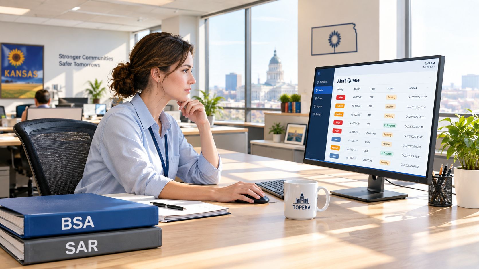 A professional woman working at a computer in a modern office with a view of Topeka, Kansas.