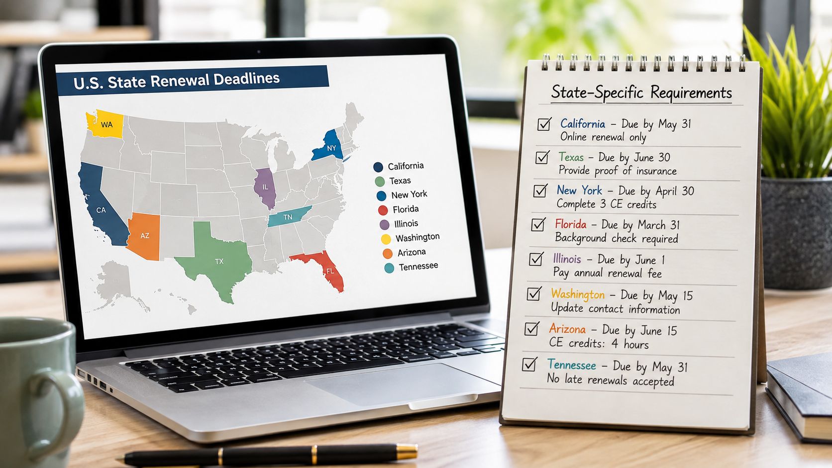 A laptop screen displaying a US map with state renewal deadlines next to a notepad with checklists.