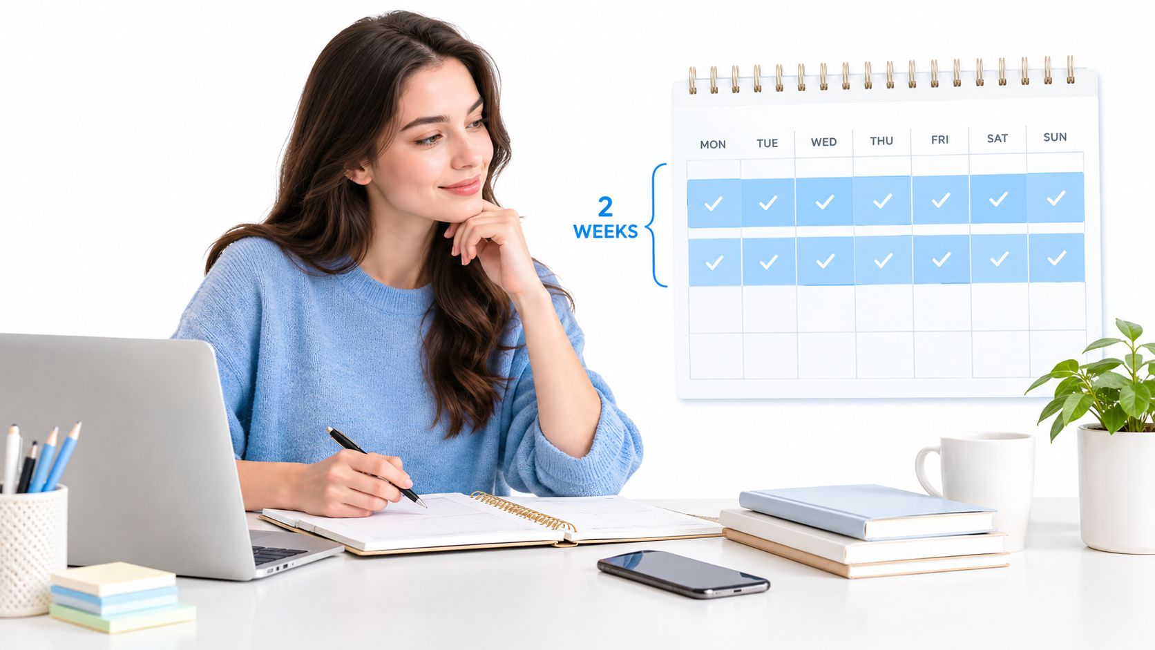 A woman planning her schedule in a notebook while looking at a two-week calendar graphic.