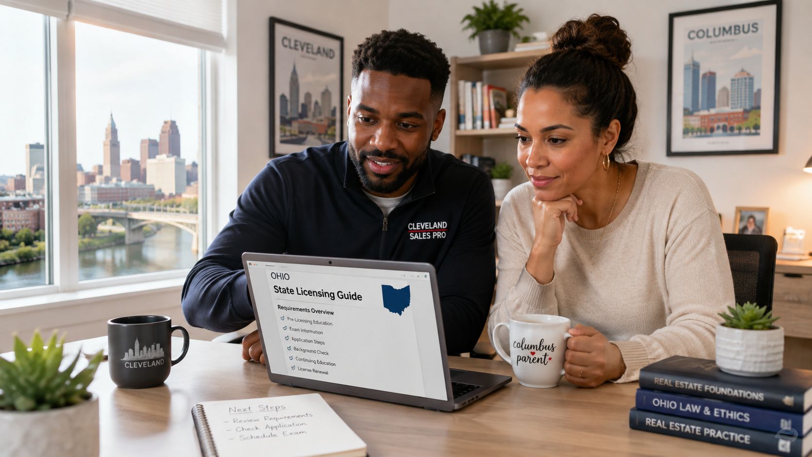 A professional man and woman discussing Ohio state real estate licensing requirements together while using a laptop.