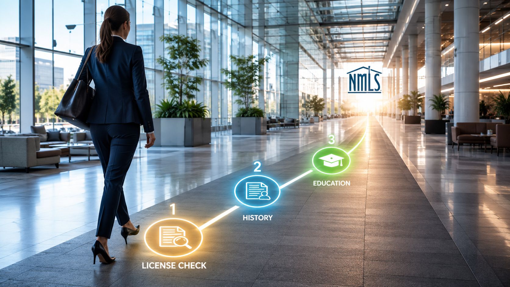 A professional woman walking through a bright office building towards a digital career advancement pathway graphic.