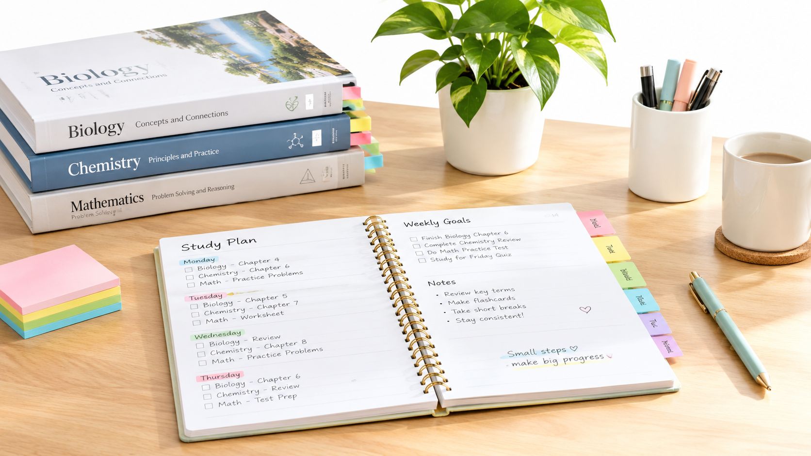 A study desk featuring a notebook with a weekly plan, textbooks, stationery, and a small potted plant.