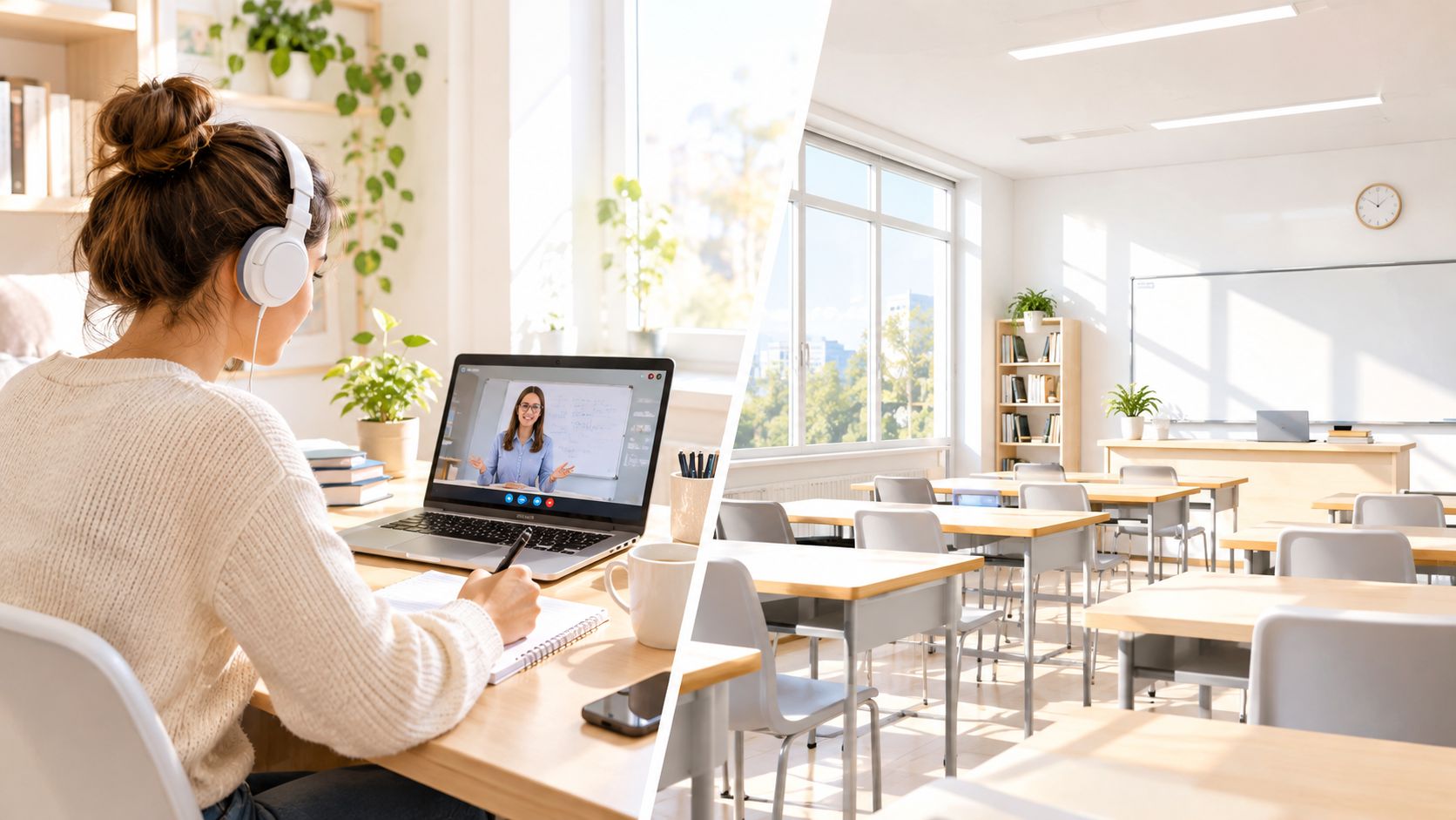 A split-screen view showing a student studying remotely on a laptop next to an empty classroom.