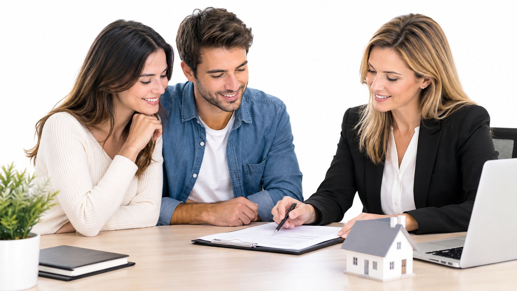 A smiling couple meeting with a real estate professional to review and sign a mortgage contract agreement.