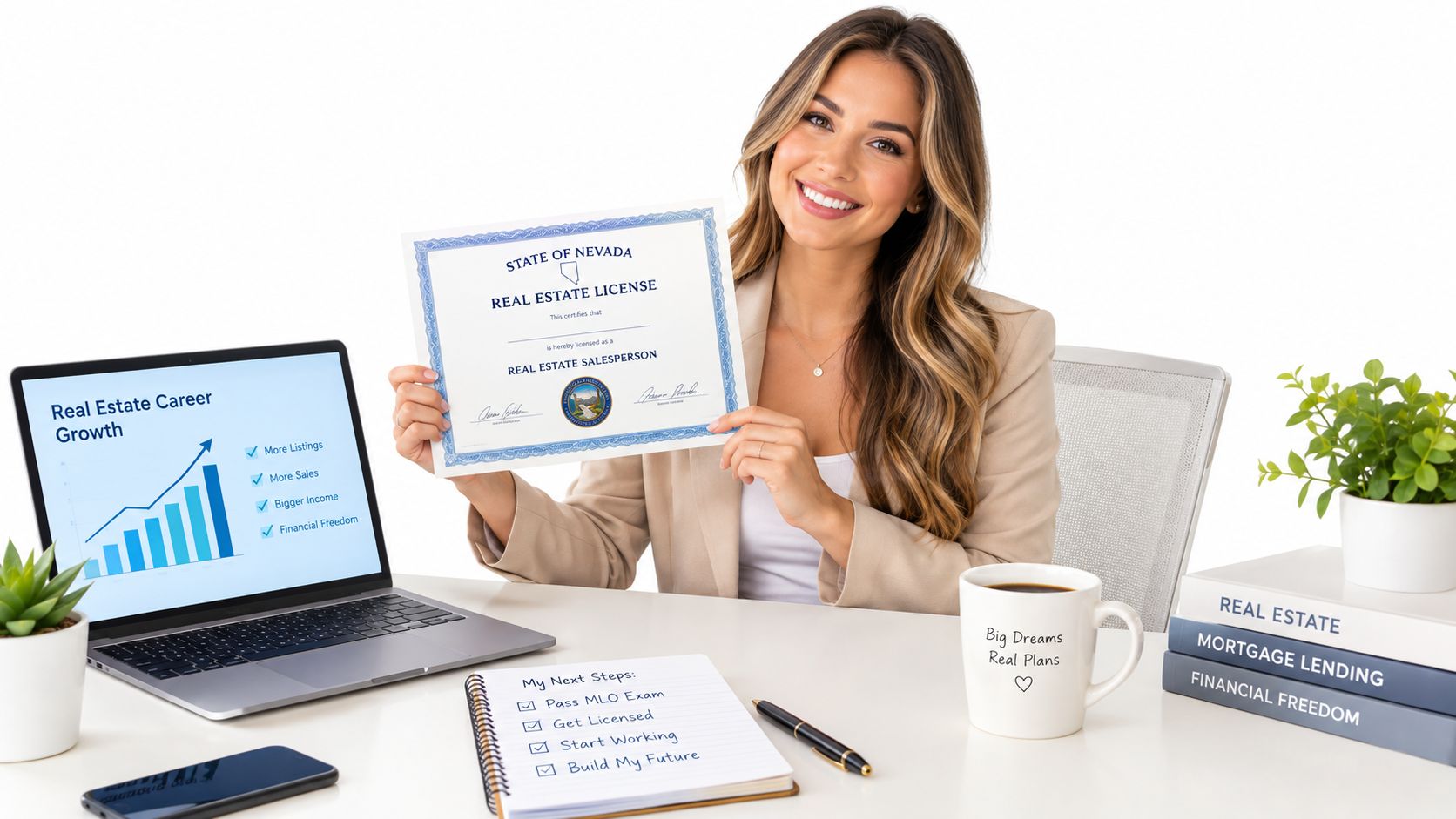 A professional woman in an office setting holding a Nevada real estate license with a career goals notebook.