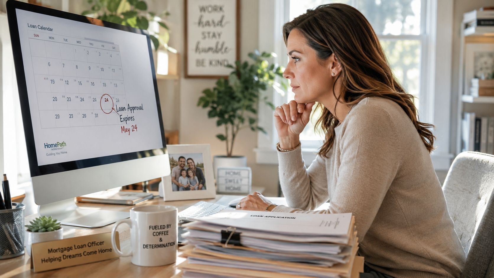 A female mortgage loan officer reviews documents at her desk while checking a calendar for loan expiration dates.