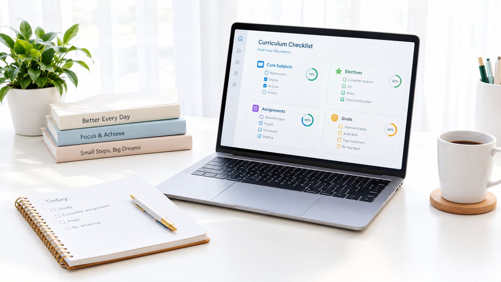 A minimalist home workspace featuring a laptop displaying a curriculum checklist, books, a notebook, and coffee.