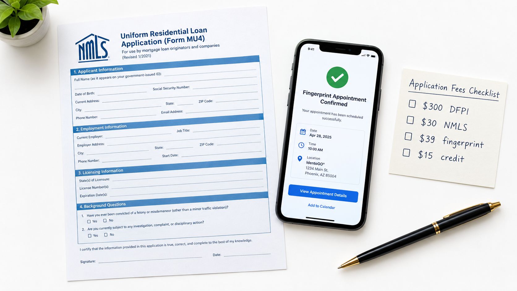 A NMLS loan application form, a smartphone displaying a confirmed fingerprint appointment, and a fees checklist.