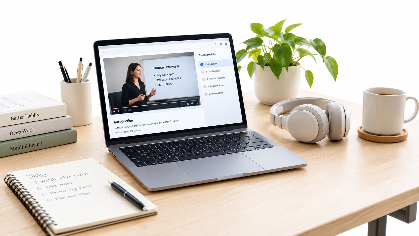 A modern workspace with a laptop displaying an online course, a notebook, and a cup of coffee.